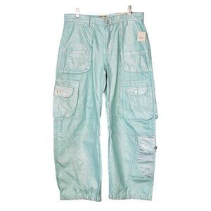 Free People We The Free Lap Of Luxury Barrel Cargo Jeans Aquamarine Size 30 New